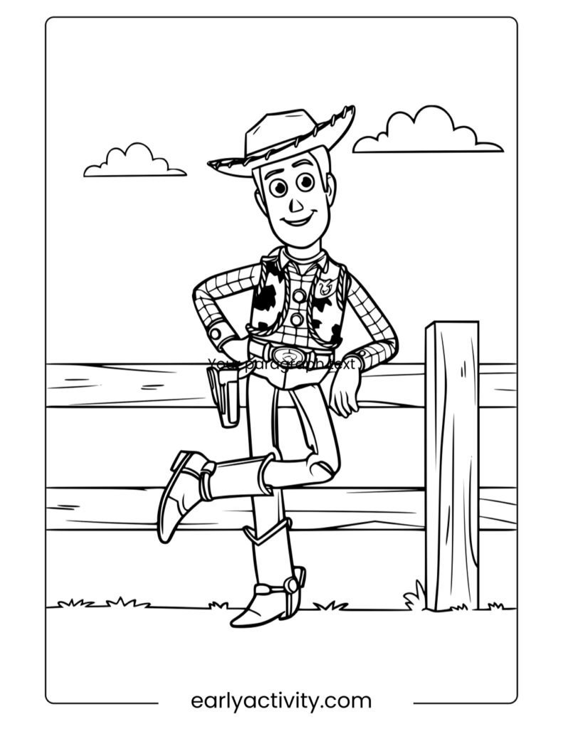 10_ woody leaning on a fence colouring page pdf
