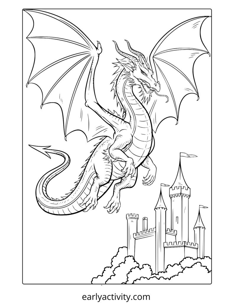 16_flying dragon over a castle coloring page
