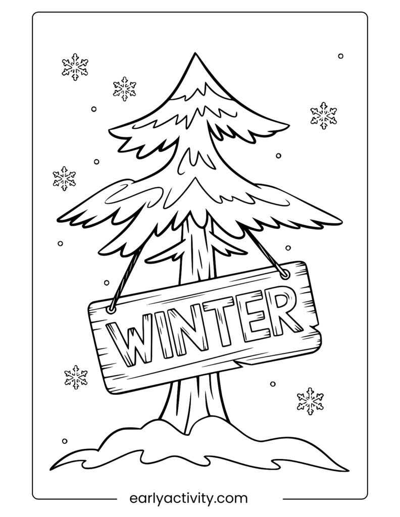 17winter Tree with winter Sign coloring page
