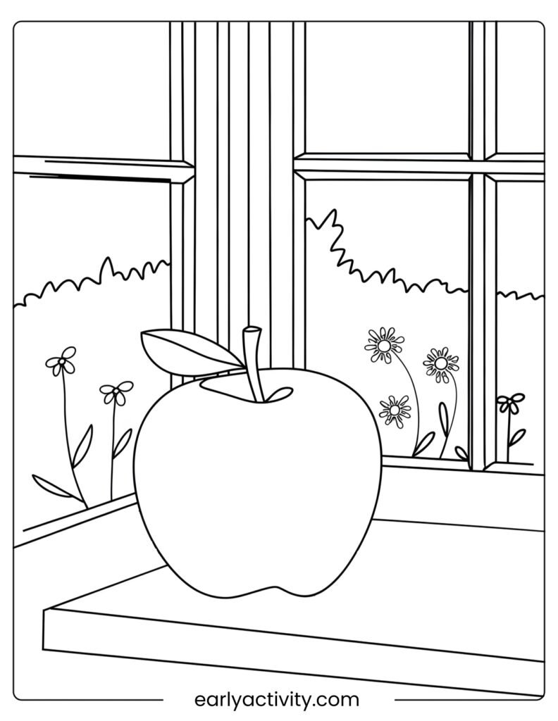 18Apple on a window Sill overlooking a garden