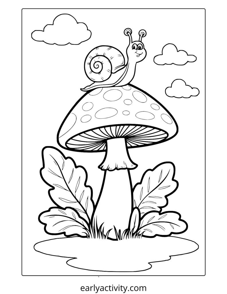 19snail and mushroom coloring page