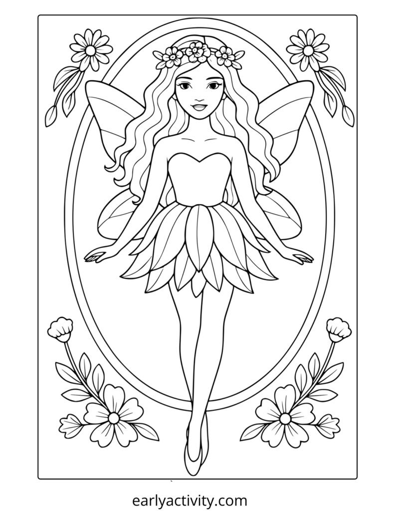 1_ fairy and flowers coloring page