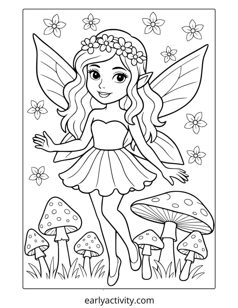 2_ fairy and mushrooms coloring page