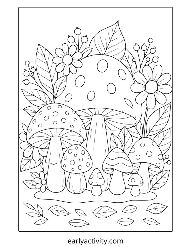 3_ fairy garden and mushrooms coloring page