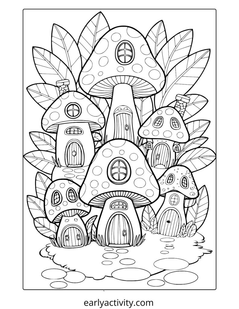 4_ mushroom village coloring page