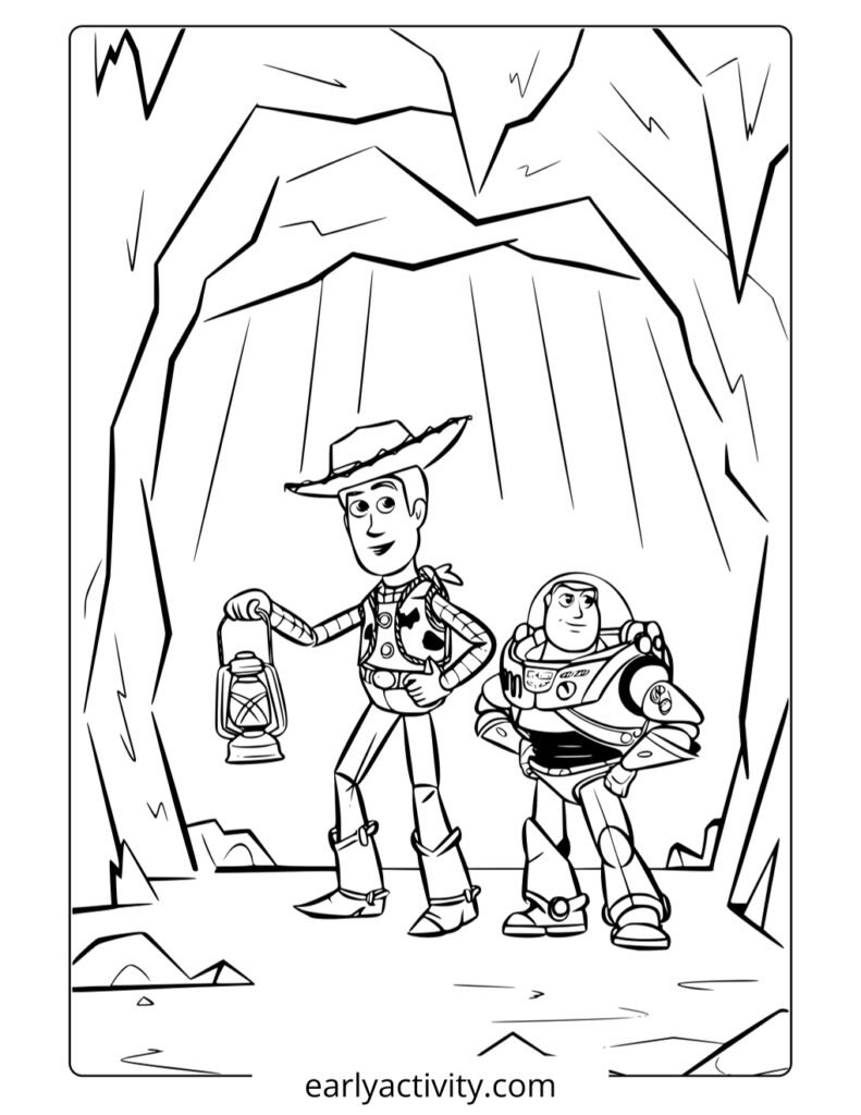 8_ woody and buzz exploring a cave colouring page pdf